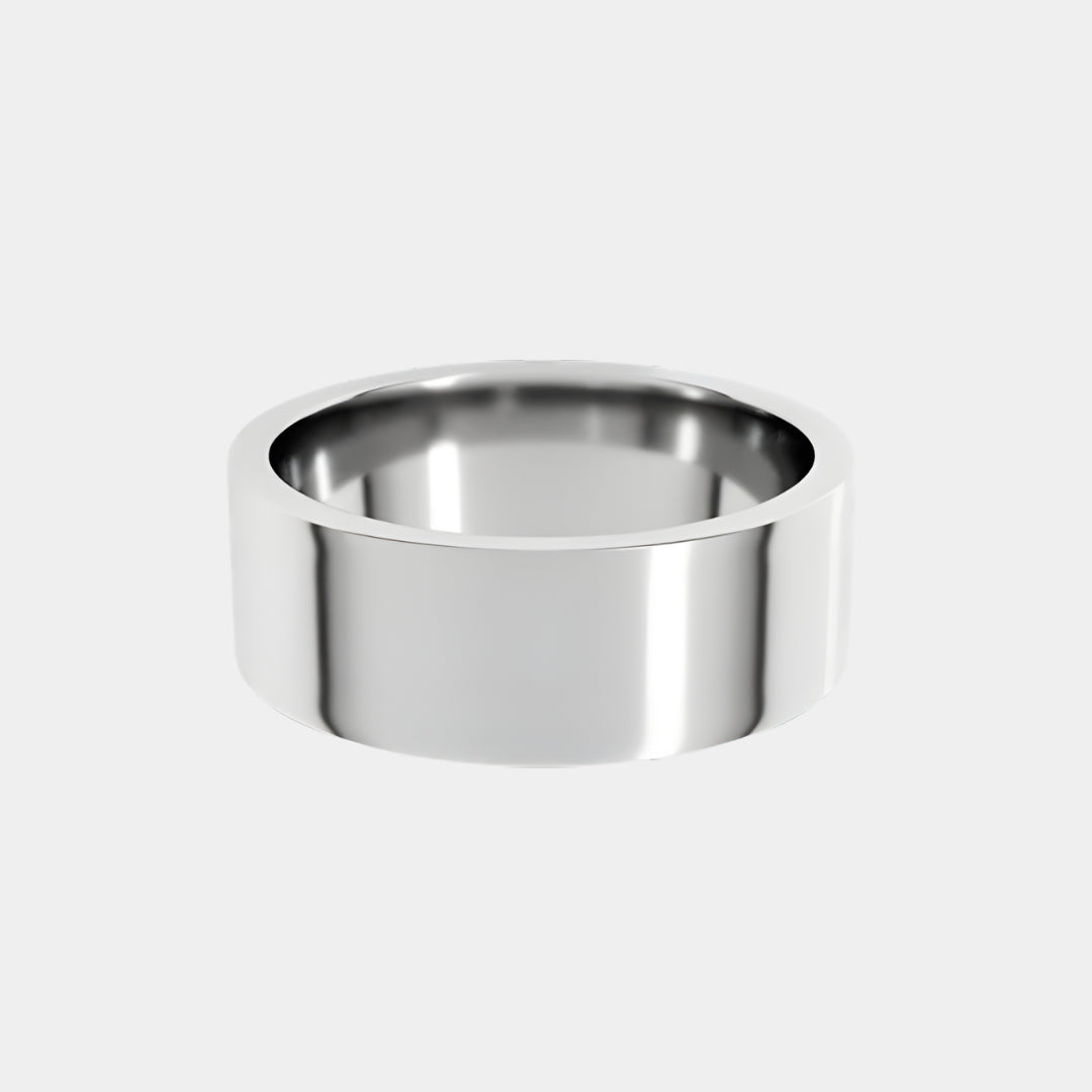 hitched men's white gold flat wedding band with a 7mm width