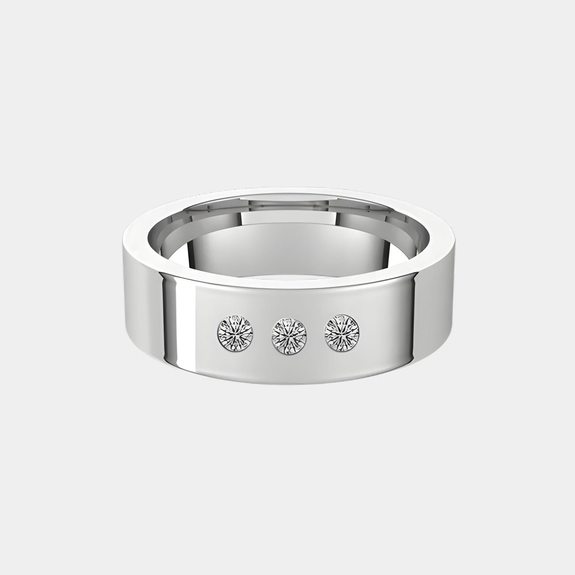 hitched men's white gold flat wedding band with trio of diamonds in 6mm width