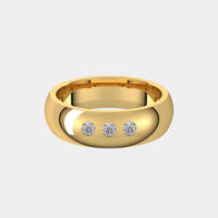 hitched men's yellow gold classic wedding band with trio of diamonds in 6mm width