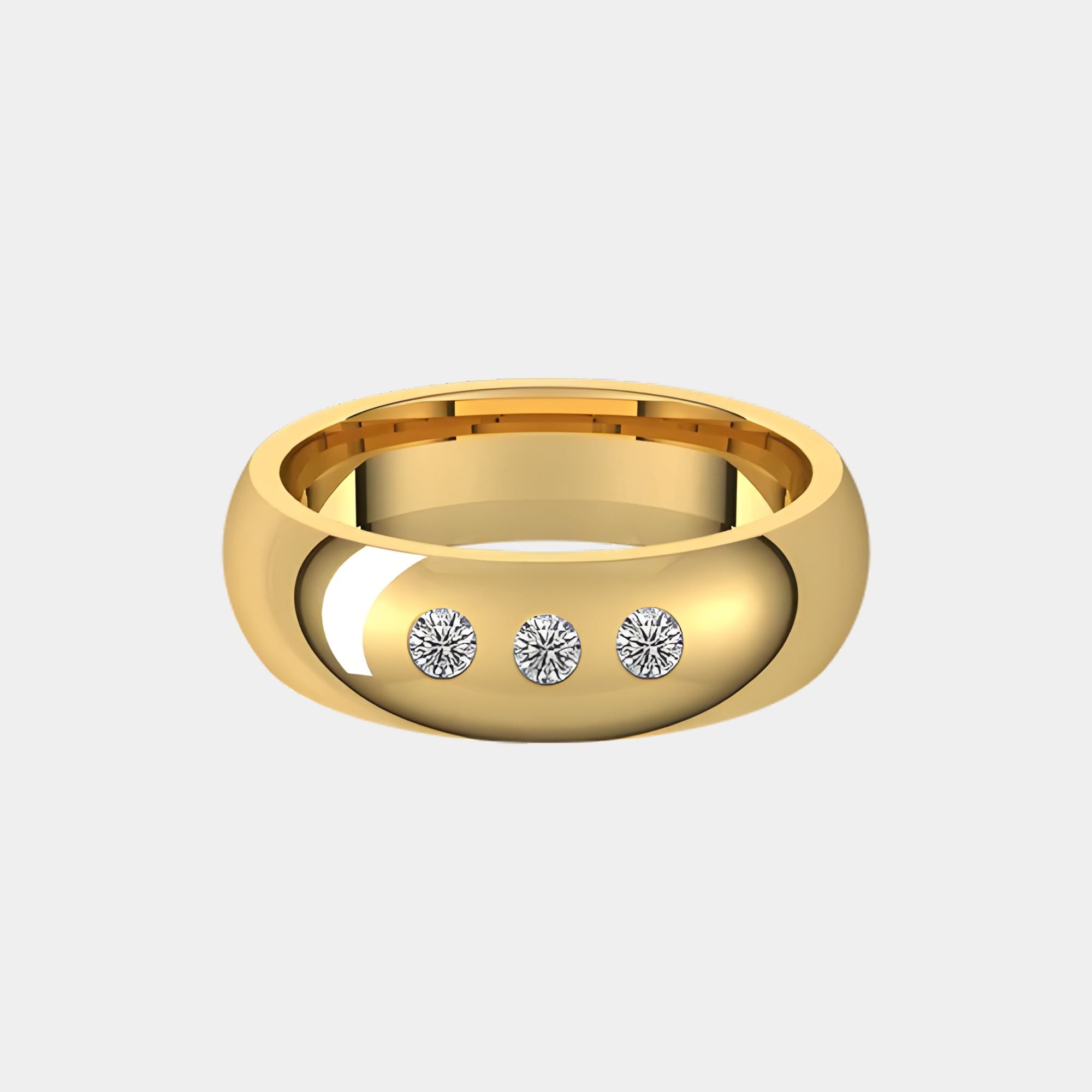 hitched men's yellow gold classic wedding band with trio of diamonds in 6mm width