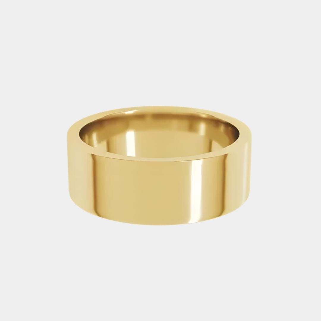 hitched men's yellow gold flat wedding band with a 7mm width