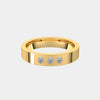 hitched men's yellow gold flat wedding band with trio of diamonds in 4mm width