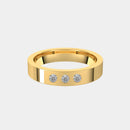 hitched men's yellow gold flat wedding band with trio of diamonds in 4mm width