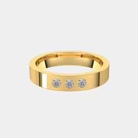 hitched men's yellow gold flat wedding band with trio of diamonds in 4mm width