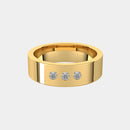 hitched men's yellow gold flat wedding band with trio of diamonds in 6mm width