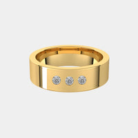 hitched men's yellow gold flat wedding band with trio of diamonds in 6mm width