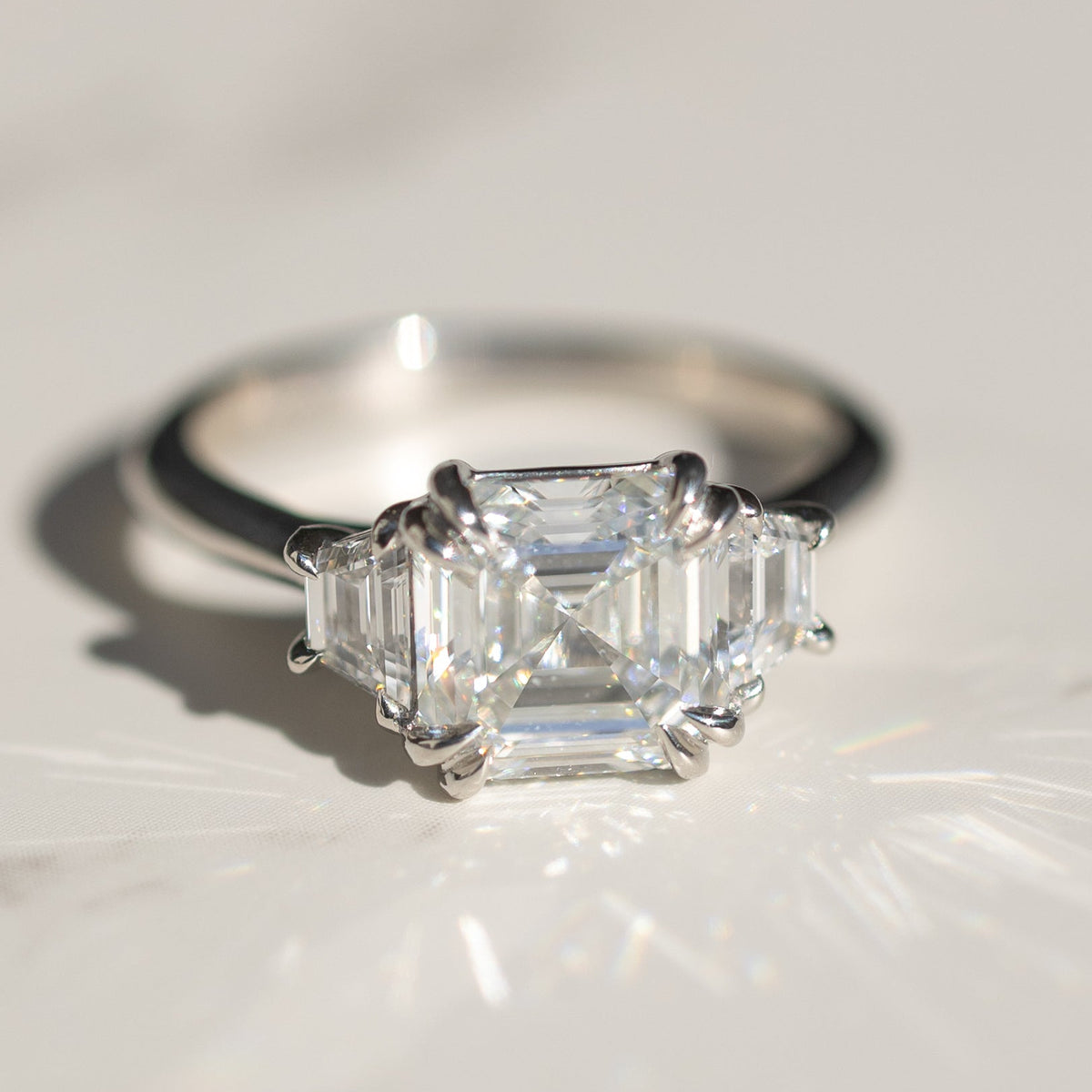 The Signature Three Stone with Trapezoid Lab Side Diamonds | 2.58CT Asscher Lab Diamond | Platinum | Hitched Fine Jewelry