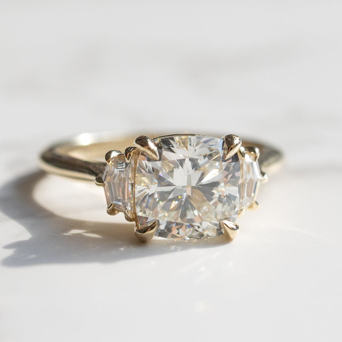 The Signature Three Stone with Cadillac Lab Side Diamonds | 2.55CT Cushion Lab Diamond | 14K YG | Hitched Fine Jewelry