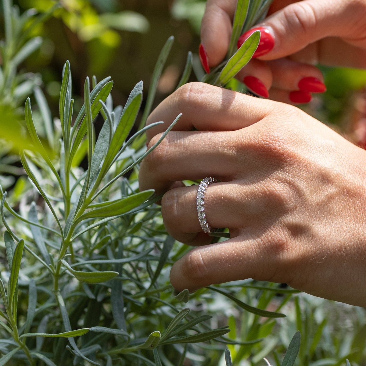 A close-up lifestyle shot of a person's hands with red nail polish holding a green rosemary sprig in a garden, surrounded by green foliage and a blurred pink foreground element.