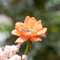 A delicate gold ring with small round diamonds rests on the petals of an orange rose, set against a soft, blurred green garden background.