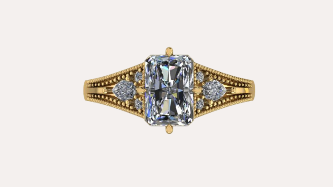 CAD design of a gold ring with a large diamond and smaller diamonds on a light gray background