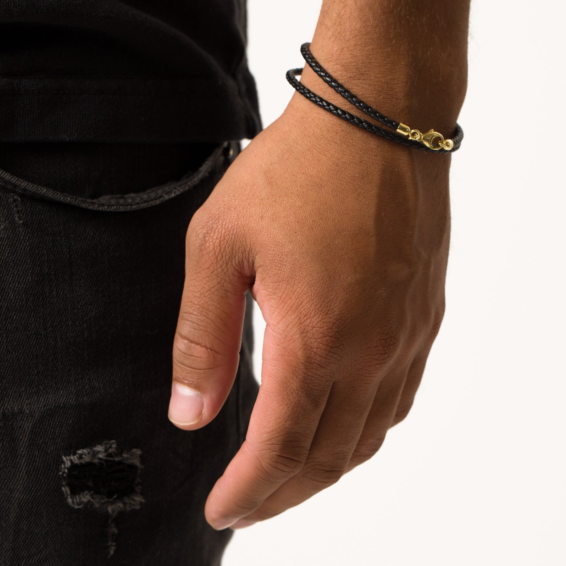 Men Boy Black Braided Triple Band Genuine Leather Bracelet Wristband Bangle  7-8