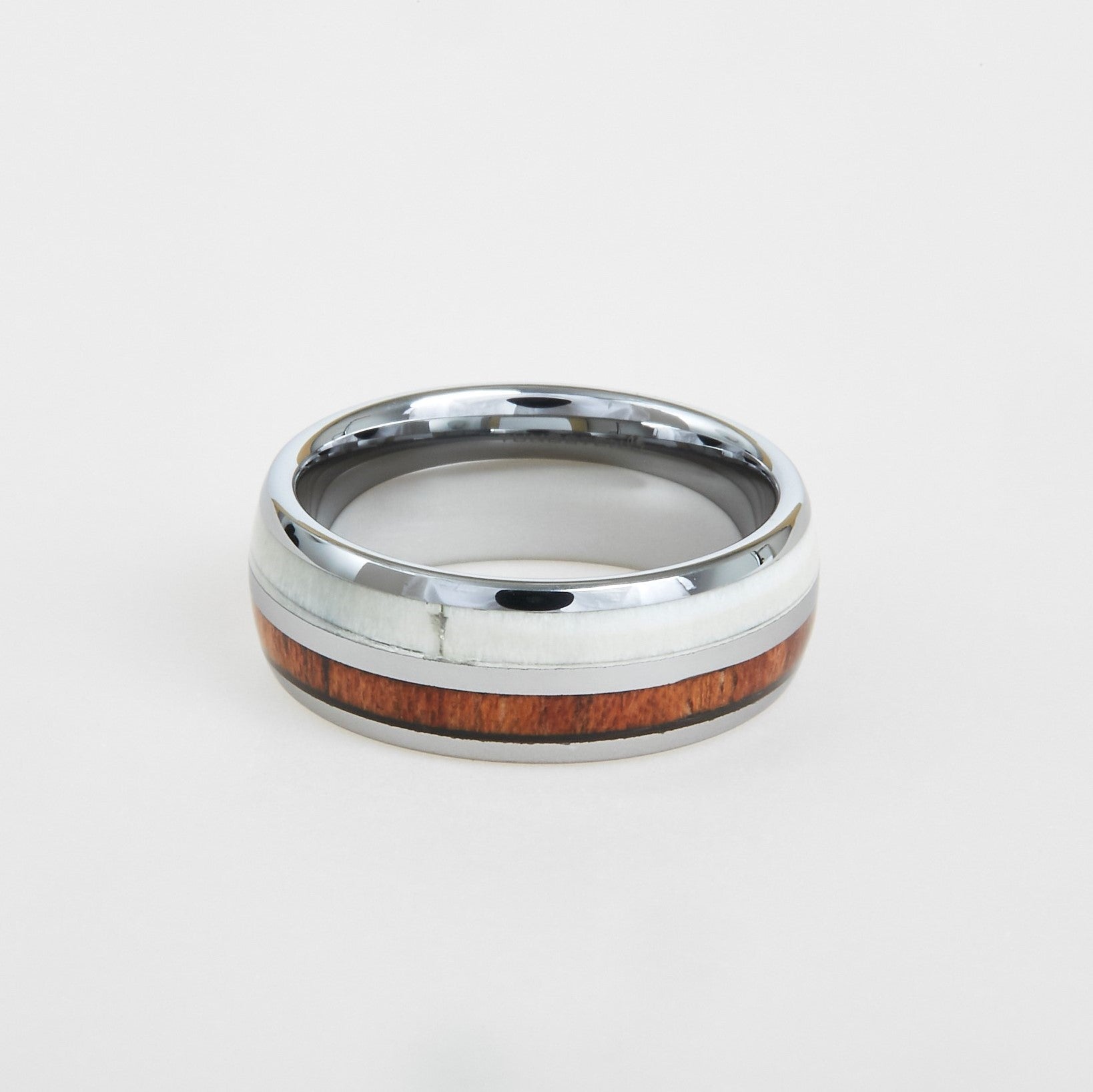 mens white tungsten wedding band with antler and koa wood inlay 8mm