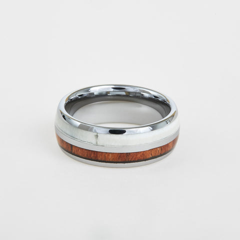 mens white tungsten wedding band with antler and koa wood inlay 8mm