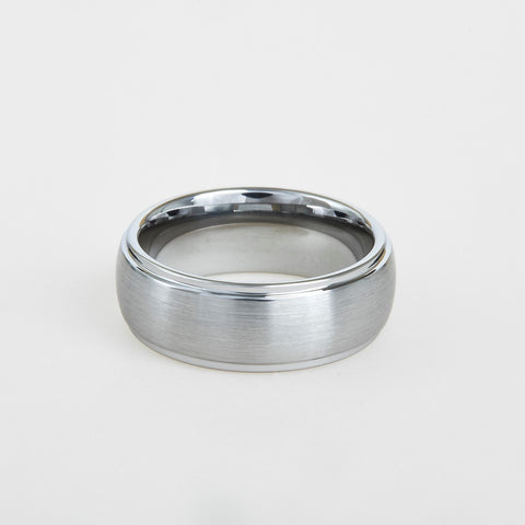 mens white tungsten wedding band with dome profile, step down edges 8mm