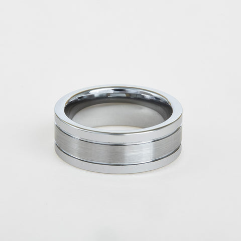mens white tungsten wedding band with flat profile, double groove 8mm