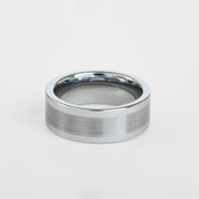 mens white tungsten wedding band with flat profile, satin center 8mm