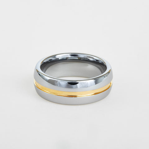 mens white tungsten wedding band with gold center line 8mm