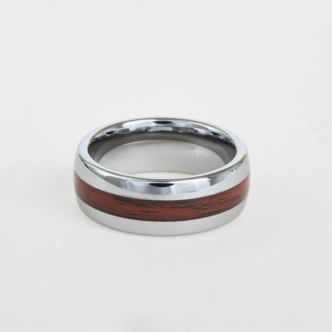 mens white tungsten wedding band with dome profile and koa wood inlay 8mm