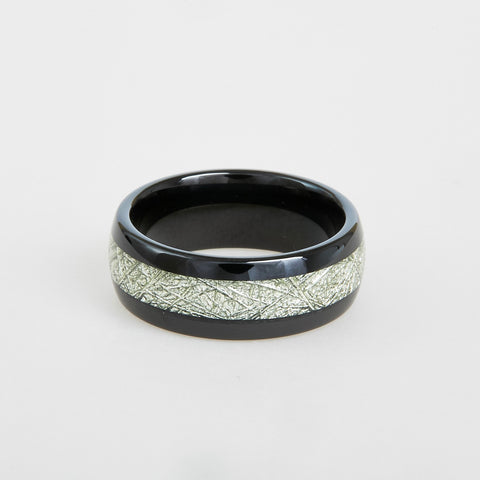 mens black tungsten wedding band with meteorite inlay 8mm