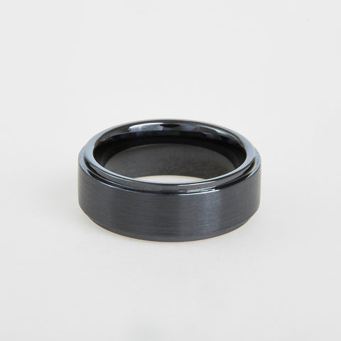 mens black ceramic wedding band with step down edges 8mm