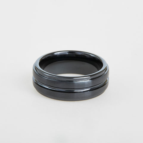 mens black ceramic wedding band with grooved center and step down edges 8mm